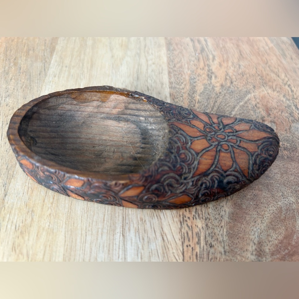 Vintage Hand-carved Wooden Shoe Made in Poland . Engraved “eye of the sea” .